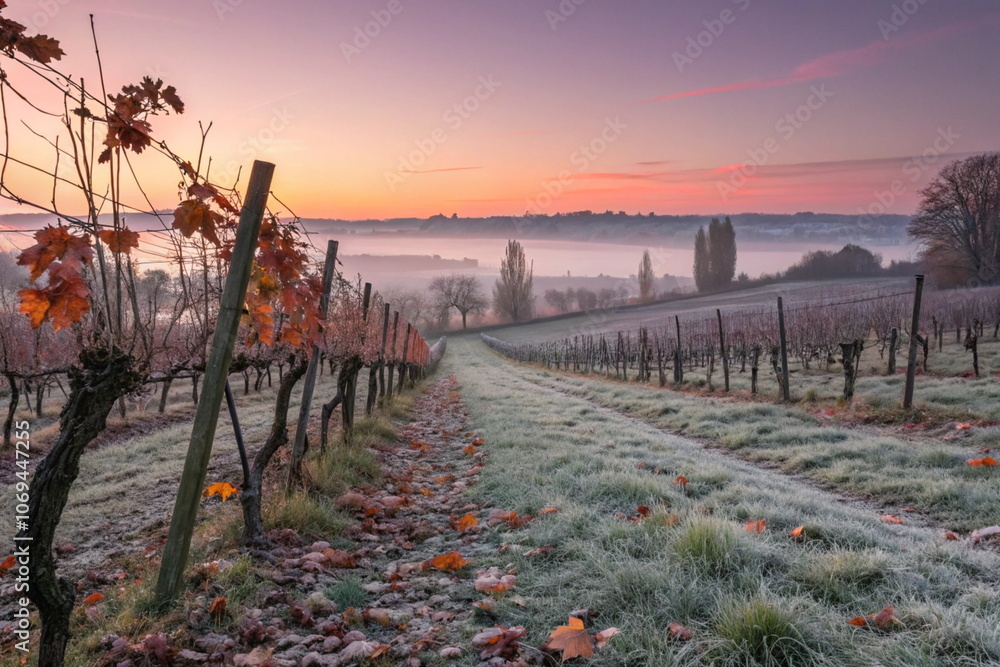 Obraz premium Misty vineyard at frosty autumn sunrise