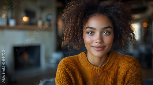 Woman with Curly Hair Smiling in Yellow Sweater - Photo