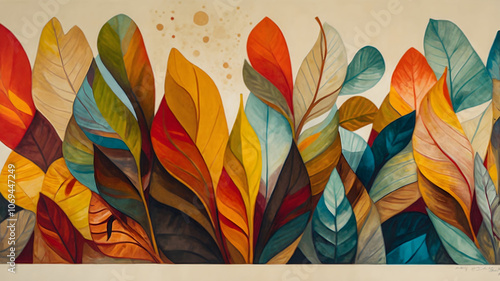 Wallpaper Mural vibrant, abstract painting featuring a collection of stylized leaves in a variety of colors. Torontodigital.ca