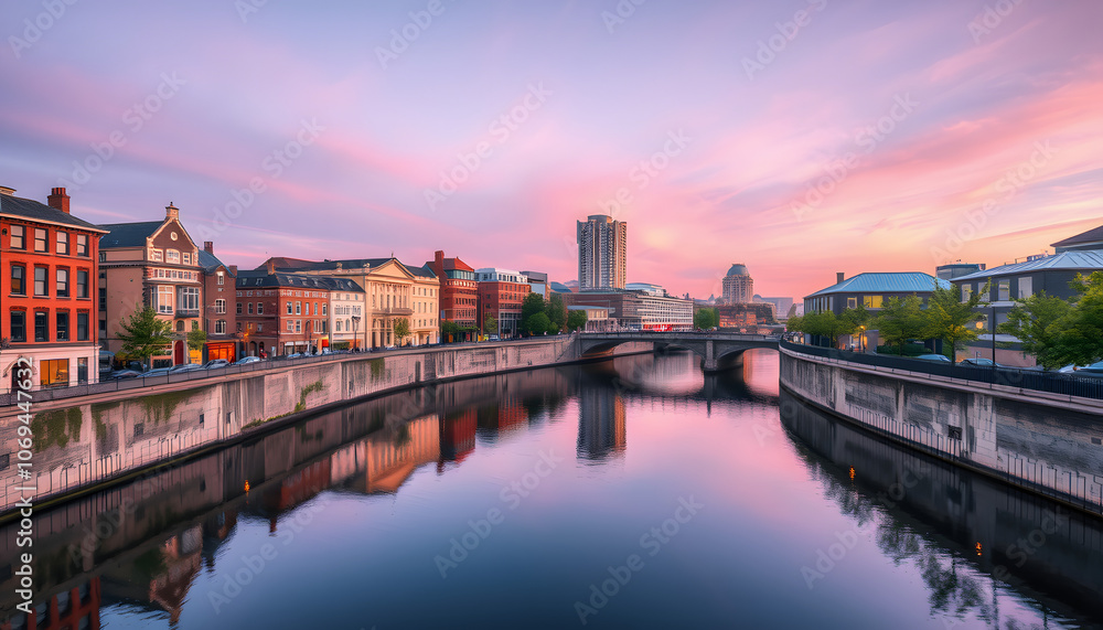 Obraz premium Beautiful architecture of Birmingham city canal at dawn isolated with white highlights, png