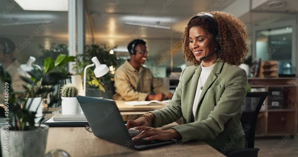 Phone call, customer support and woman with headset, laptop or help desk agent in crm office. Online, contact and happy consultant in telemarketing callcenter for advice, sales pitch or conversation