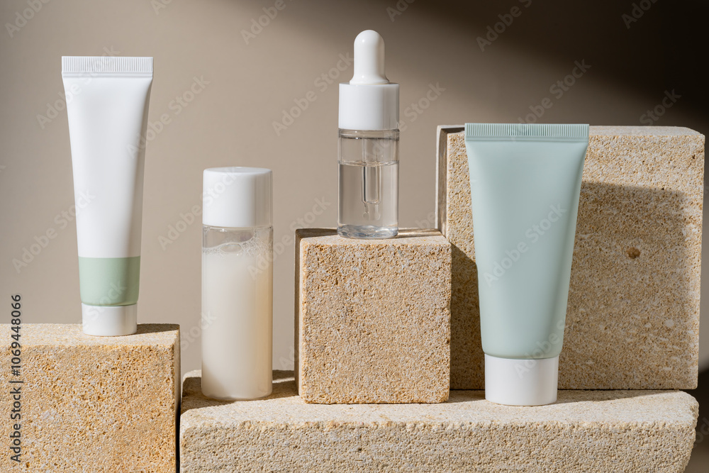 Elegant skincare products displayed on stone podiums Elegant skincare products displayed on stone podiums