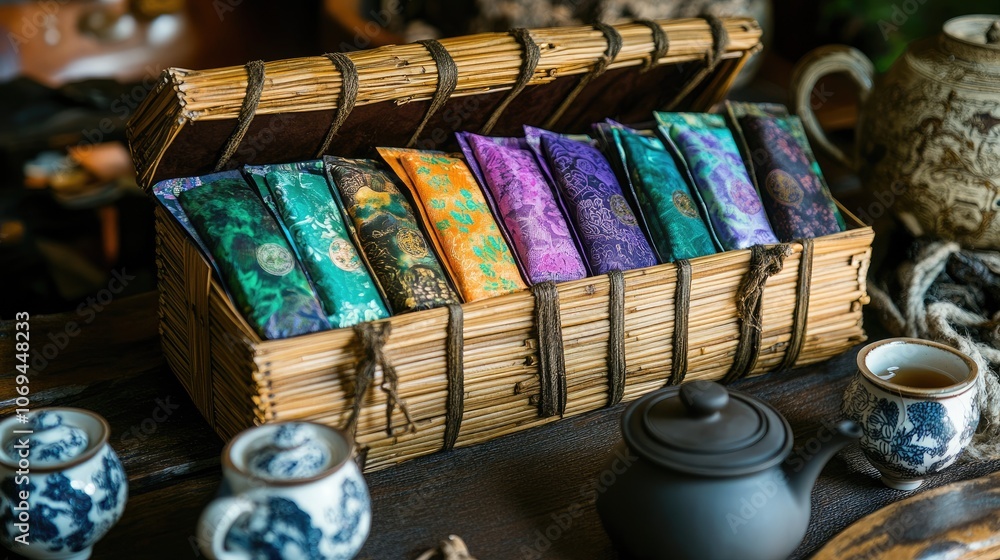 Colorful Tea Packets in a Bamboo Box Colorful Tea Packets in a Bamboo Box