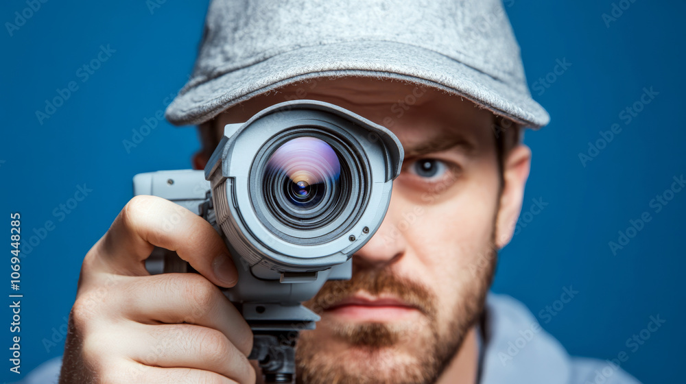 Obraz premium Man holds camera lens to his eye while wearing a gray cap against a blue background. Concept of photography and focus.