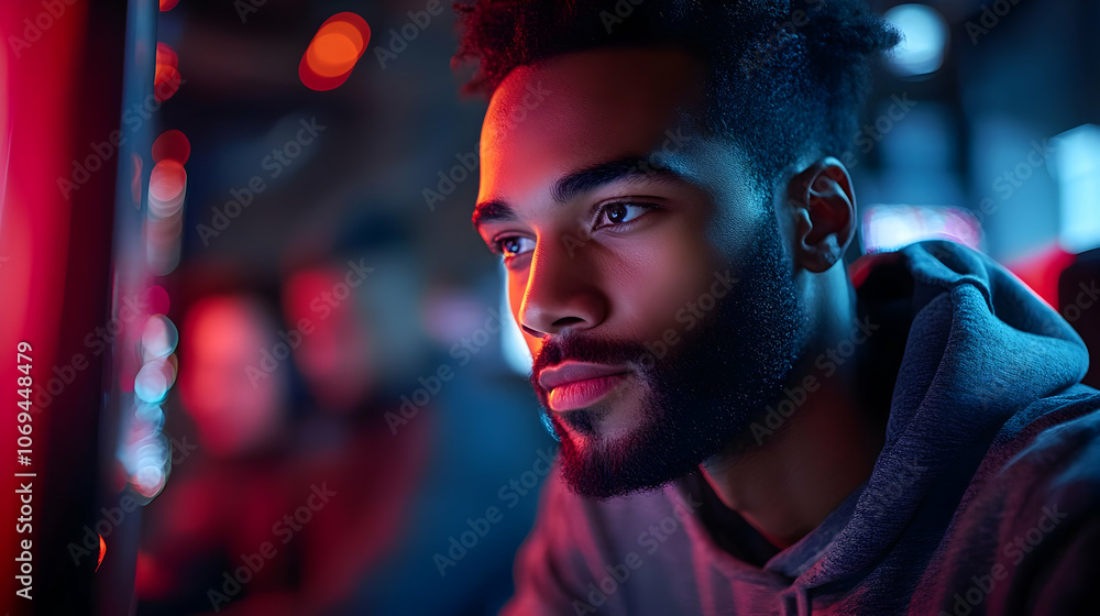 Man in a Hoodie Looking to the Side in Neon Lights - Photo Man in a Hoodie Looking to the Side in Neon Lights - Photo