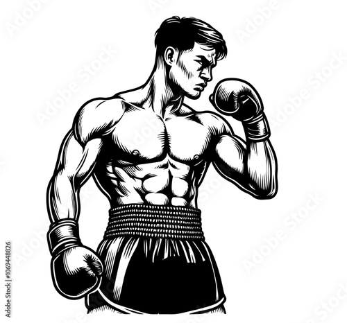 boxer in ready stance with detailed muscular line art
