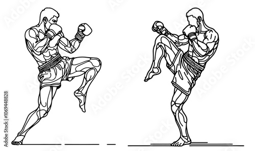 line art of fighters practicing martial arts in motion