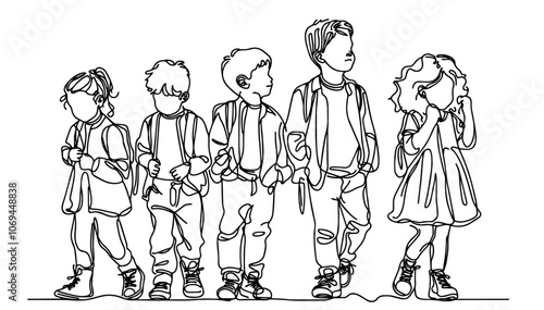 line art illustration of group of kids walking together