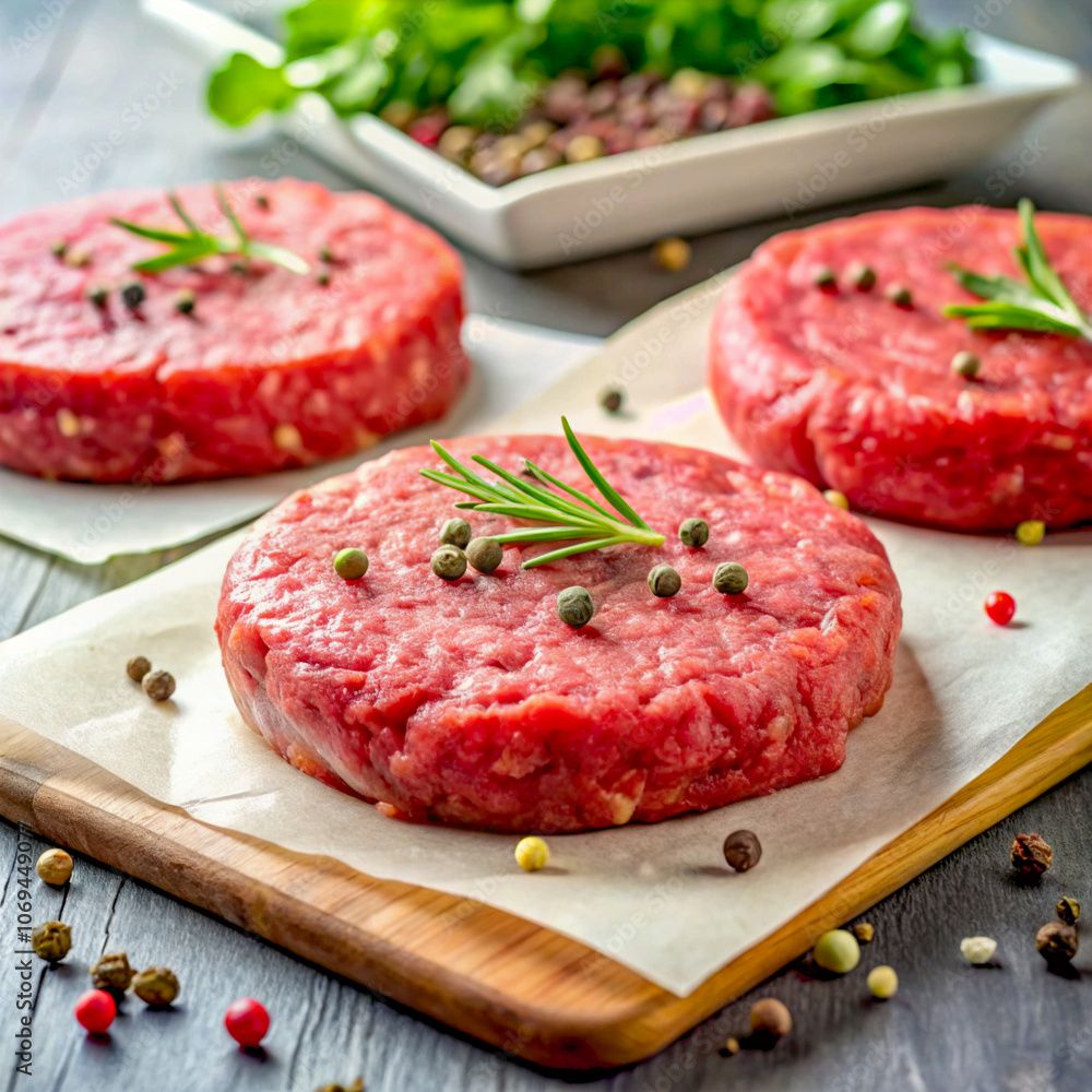 Three beef patties garnished with whole peppercorns and fresh rosemary, displayed on parchment over a wooden board, perfect for a gourmet presentation. Three beef patties garnished with whole peppercorns and fresh rosemary, displayed on parchment over a wooden board, perfect for a gourmet presentation.