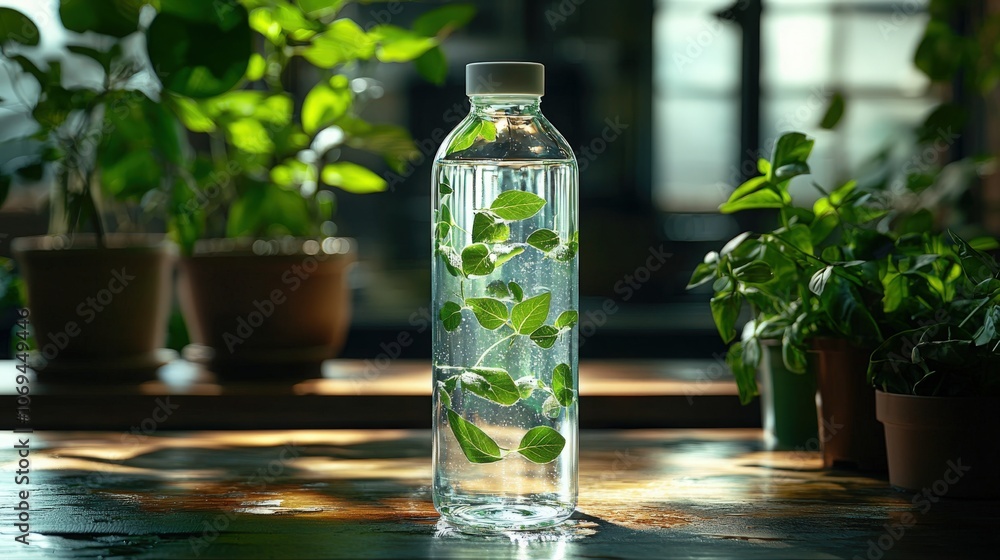Refreshing water bottle with mint leaves surrounded by greenery in a bright room Refreshing water bottle with mint leaves surrounded by greenery in a bright room