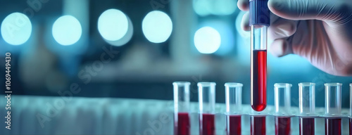 A gloved hand holding a test tube filled with red liquid, in a lab with bokeh lights in the background. photo