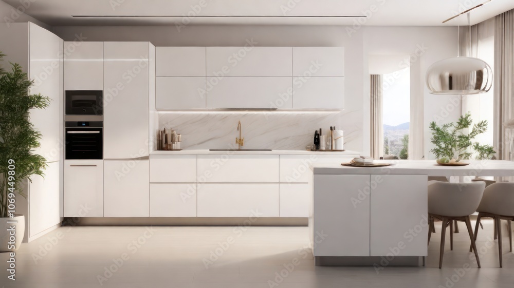 Fototapeta premium Modern white kitchen with sleek cabinets, a large island, and a view of the city from a window.