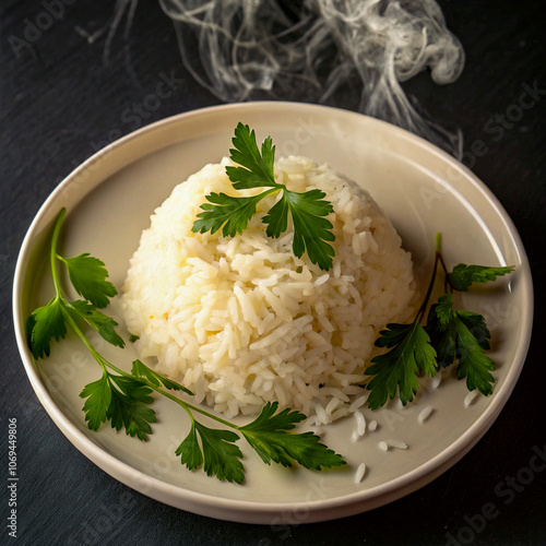 A plate of steamed rice garnished with fresh parsley, with a soft trail of steam for added warmth, perfect for a sophisticated food presentation. photo