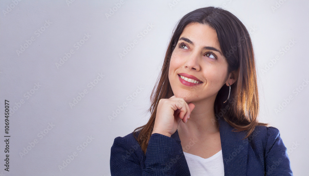 A young businesswoman ponders, organizing her agenda in her mind, devising business strategies. Isolated on grey background with copy space. A young businesswoman ponders, organizing her agenda in her mind, devising business strategies. Isolated on grey background with copy space.