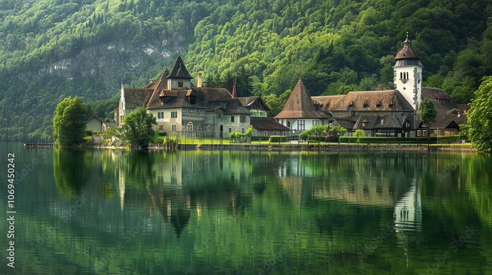 Fototapeta premium Tranquil Monastery Reflected in a Serene Lake Amidst Lush Green Hills Under Soft Sunlight at Dawn
