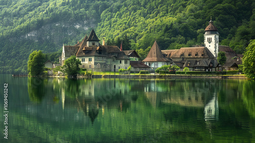 Tranquil Monastery Reflected in a Serene Lake Amidst Lush Green Hills Under Soft Sunlight at Dawn