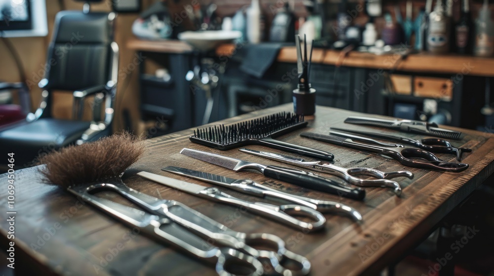 Neatly arranged barber tools on a table at a professional salon table, AI generated image Neatly arranged barber tools on a table at a professional salon table, AI generated image