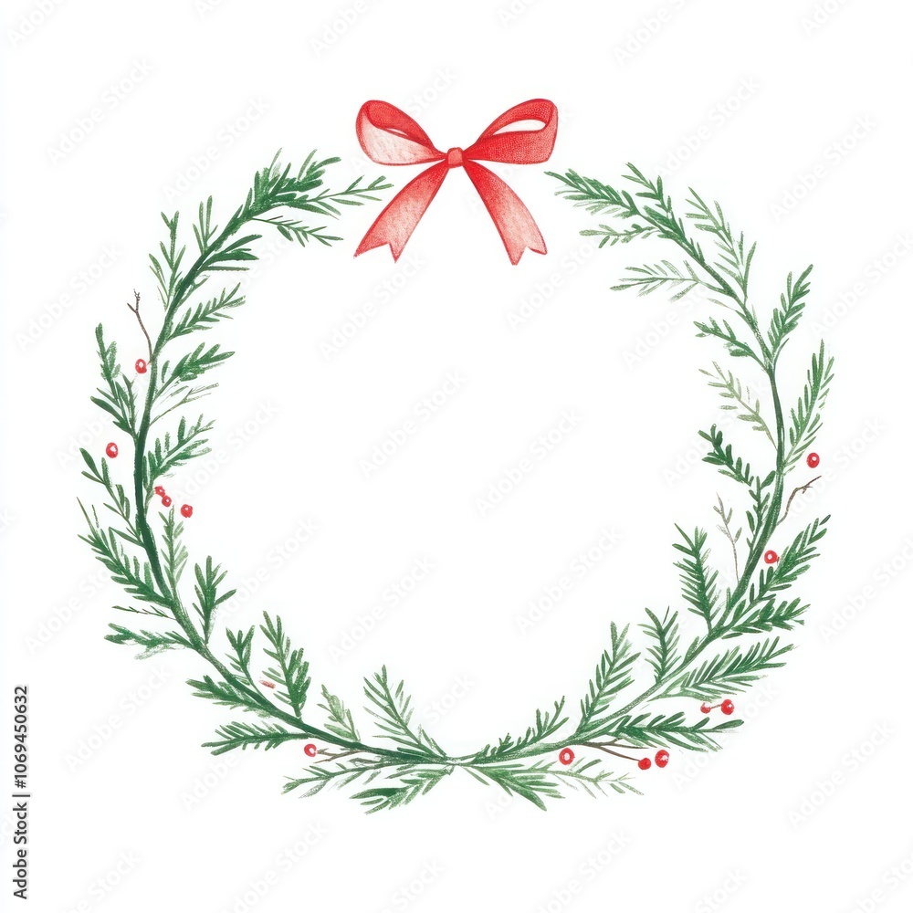 Festive christmas wreath with red bow at the top. Round frame made of conifer branches. Wreath isolated on white background Festive christmas wreath with red bow at the top. Round frame made of conifer branches. Wreath isolated on white background
