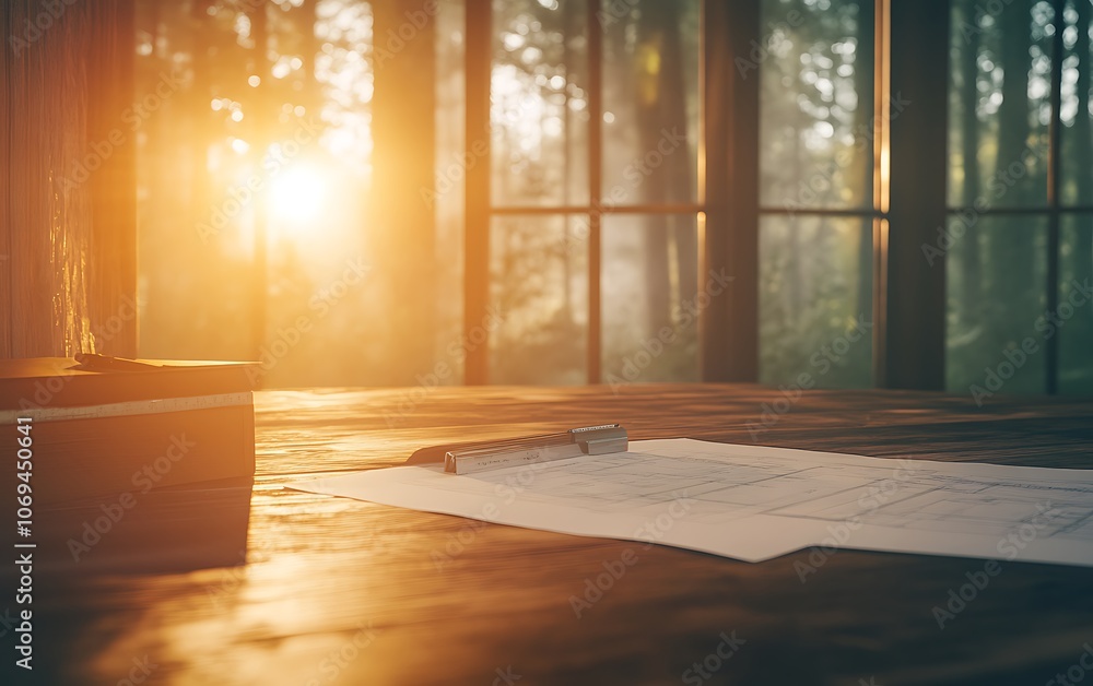 A serene workspace with a wooden table, sunlight streaming through large windows, illuminating papers and a book, evoking tranquility and focus. A serene workspace with a wooden table, sunlight streaming through large windows, illuminating papers and a book, evoking tranquility and focus.