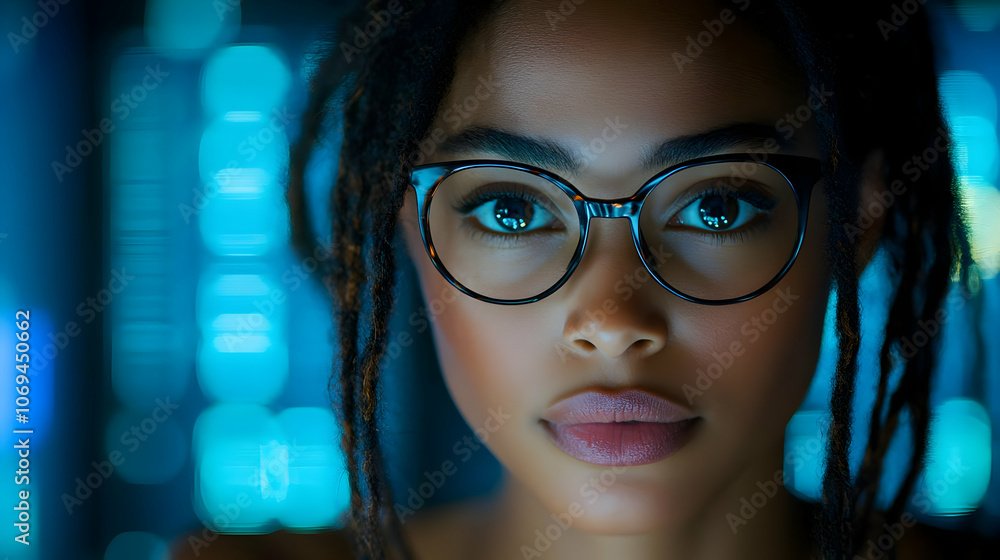 Close-up Portrait of a Woman with Glasses and Blue Bokeh Close-up Portrait of a Woman with Glasses and Blue Bokeh