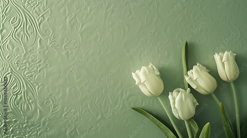 Fototapeta premium A delicate and minimalistic olive green backdrop with a subtle arabesque design at the top and minimal tulips offering ample space for custom text for creative designs