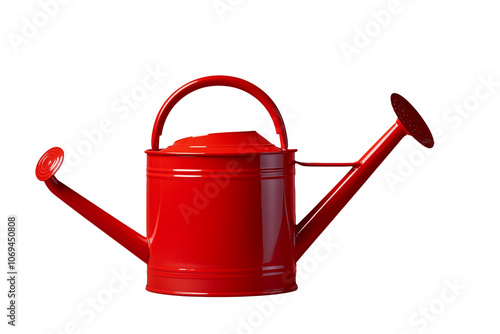 3D rendering of a bright red watering can against a gray background, perfect for gardening themes