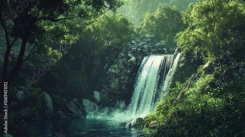 Serene Waterfall in Lush Forest