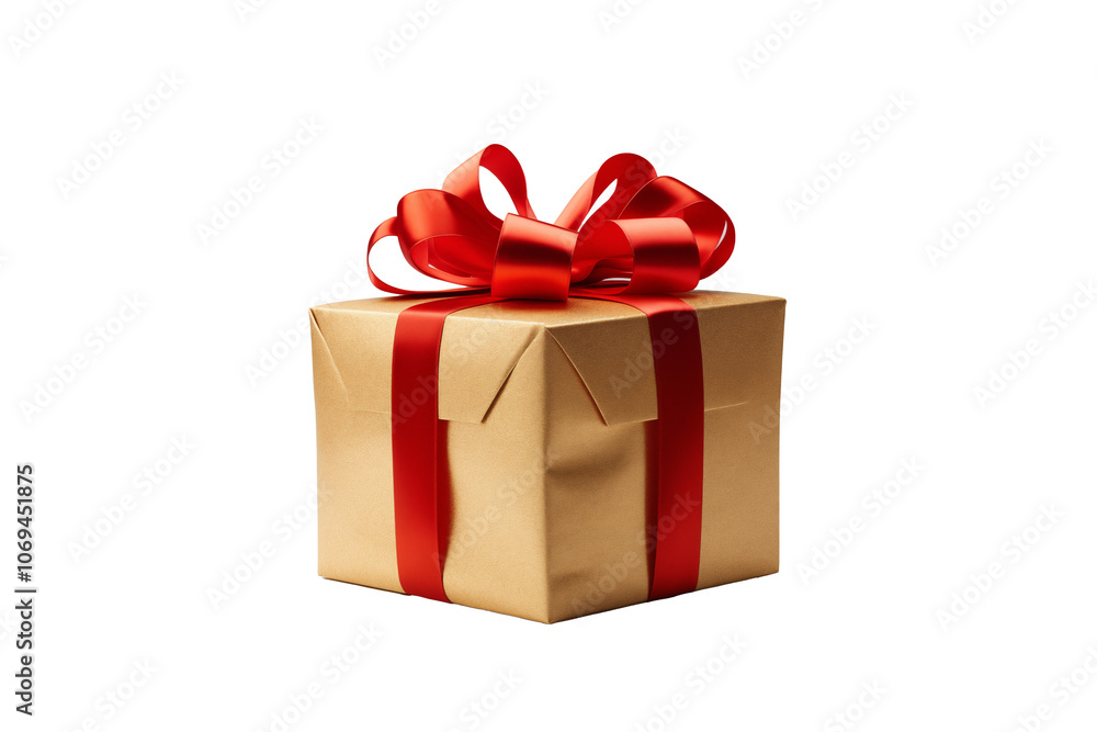 Obraz premium A beautifully wrapped golden gift box with a vibrant red ribbon, perfect for celebrations and special occasions. Ideal for holiday and birthday themes.