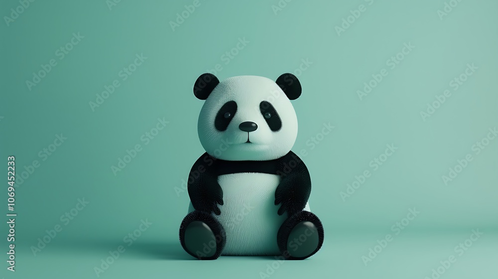 A cute minimalist panda plush with a soft design resting against a simple mint green background in a photo capturing its adorable features and the ample space surrounding it A cute minimalist panda plush with a soft design resting against a simple mint green background in a photo capturing its adorable features and the ample space surrounding it