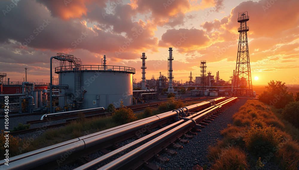 Industrial oil refinery at dramatic sunset Industrial oil refinery at dramatic sunset