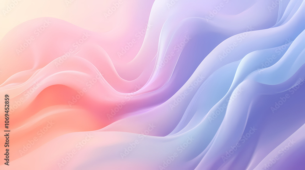 Fototapeta premium A soft, fluid gradient blending light purple, peach, and sky blue with gentle curves, creating a dreamy and ethereal design. Ethereal. Illustration