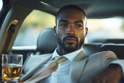 An African American billionaire relaxing in a limousine while enjoying a drink during a luxury evening out