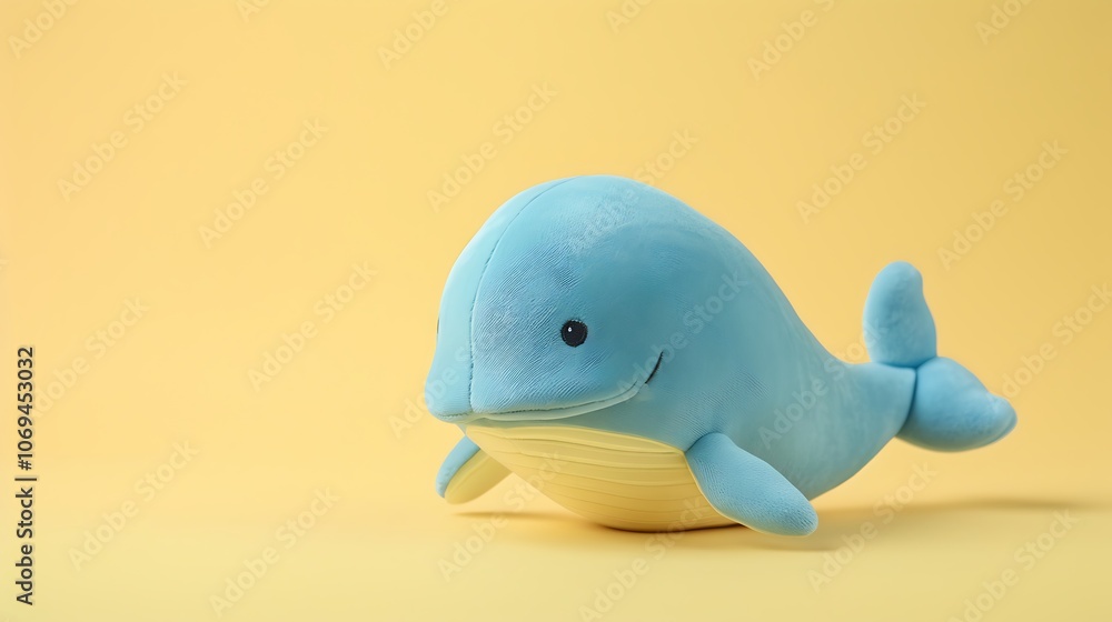 Fototapeta premium A cute kawaii style whale plush sitting on a pastel yellow backdrop with soft even lighting showcasing the adorable and comforting nature of stuffed animals