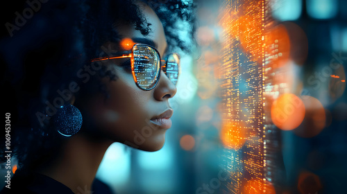 Wallpaper Mural Woman Looking Through Glass With Lights Reflecting In Her Sunglasses - Photo Torontodigital.ca