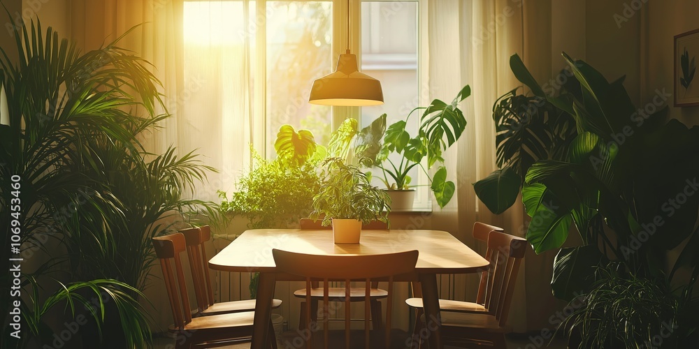 Fototapeta premium Sunlight illuminating mid-century modern dining room with plants