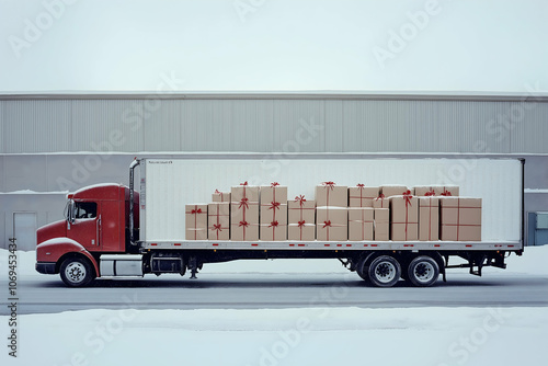 A red delivery truck loaded with boxes adorned with ribbons is parked on a snowy road, in front of a warehouse. photo