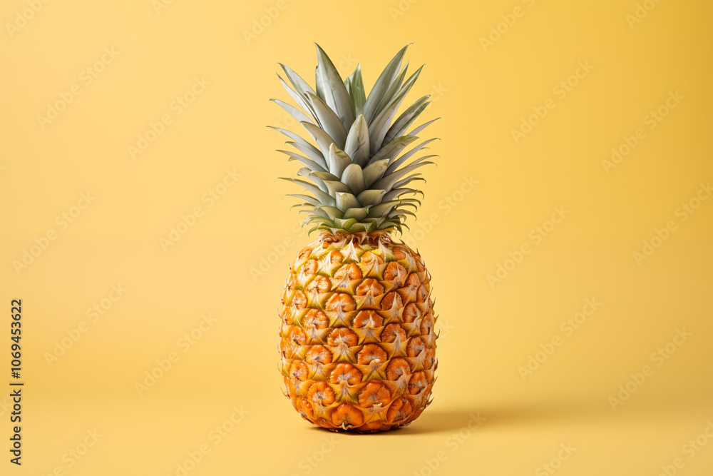 Fresh pineapple on a vibrant yellow background, showcasing its textured skin and leafy crown, perfect for tropical and culinary themes Fresh pineapple on a vibrant yellow background, showcasing its textured skin and leafy crown, perfect for tropical and culinary themes