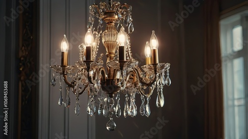 Elegant chandelier with crystal accents illuminating a room.