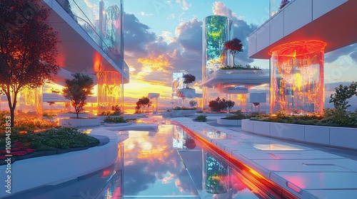 Futuristic Sky Plaza with Walkways, Gardens, and Holographic Art Installations photo