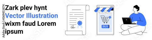 Digital contract with a seal, mobile phone with shopping cart and Buy button, user sitting with a laptop. Ideal for e-commerce, online shopping, digital contracts, mobile apps, freelance work