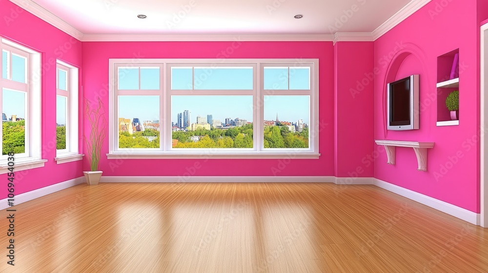Bright Pink Room with City View and Modern Decor Bright Pink Room with City View and Modern Decor