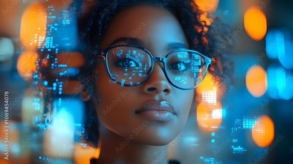 Woman Wearing Glasses with Digital Code Reflection - Illustration Woman Wearing Glasses with Digital Code Reflection - Illustration