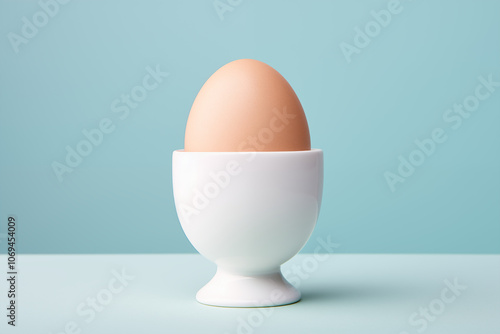 A minimalistic photo of a single egg in a white egg cup against a soft blue background, symbolizing simplicity and freshness. photo