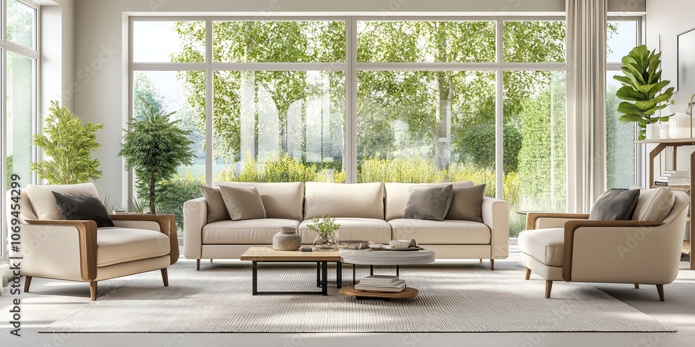 Obraz premium Modern minimalist living room interior with large windows overlooking green garden