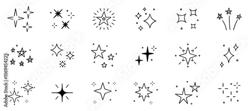 Stars and sparkles doodle set. Twinkle, blink, firework, glitter silhouette and glowing symbols in sketch style. Hand drawn vector illustration isolated on white background