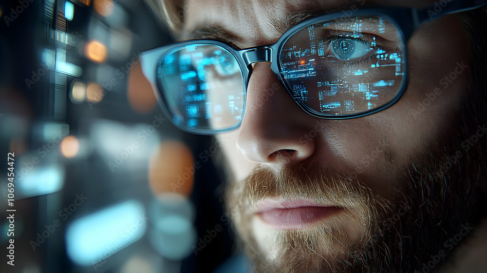 Close Up Man's Face With Digital Code Reflected in Glasses Illustration Close Up Man's Face With Digital Code Reflected in Glasses Illustration