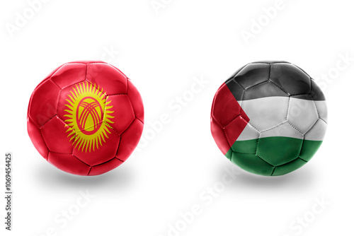 football balls with national flags of palestine and kyrgyzstan ,soccer teams. on the white background.