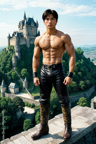 Fantasy Illustration of Athletic Shirtless Warrior Fighter Standing on Ledge Overlooking Medieval Castle and City With Trees and Sky in Background