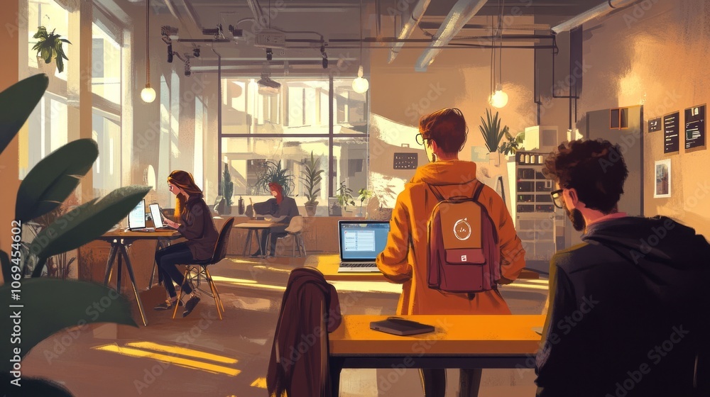 Modern Cafe Interior with People Working on Laptops Modern Cafe Interior with People Working on Laptops