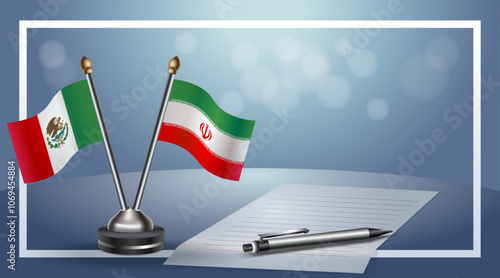 Mexico and Iran Small national flag on bokeh background, cooperative relationship
